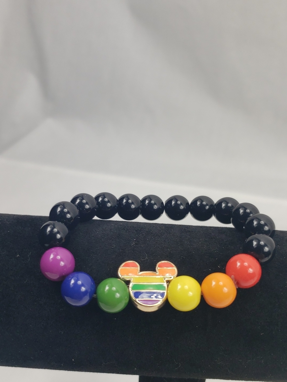 Disney Parks Mickey Mouse Enamel Rainbow Black Bead Stretch Bracelet